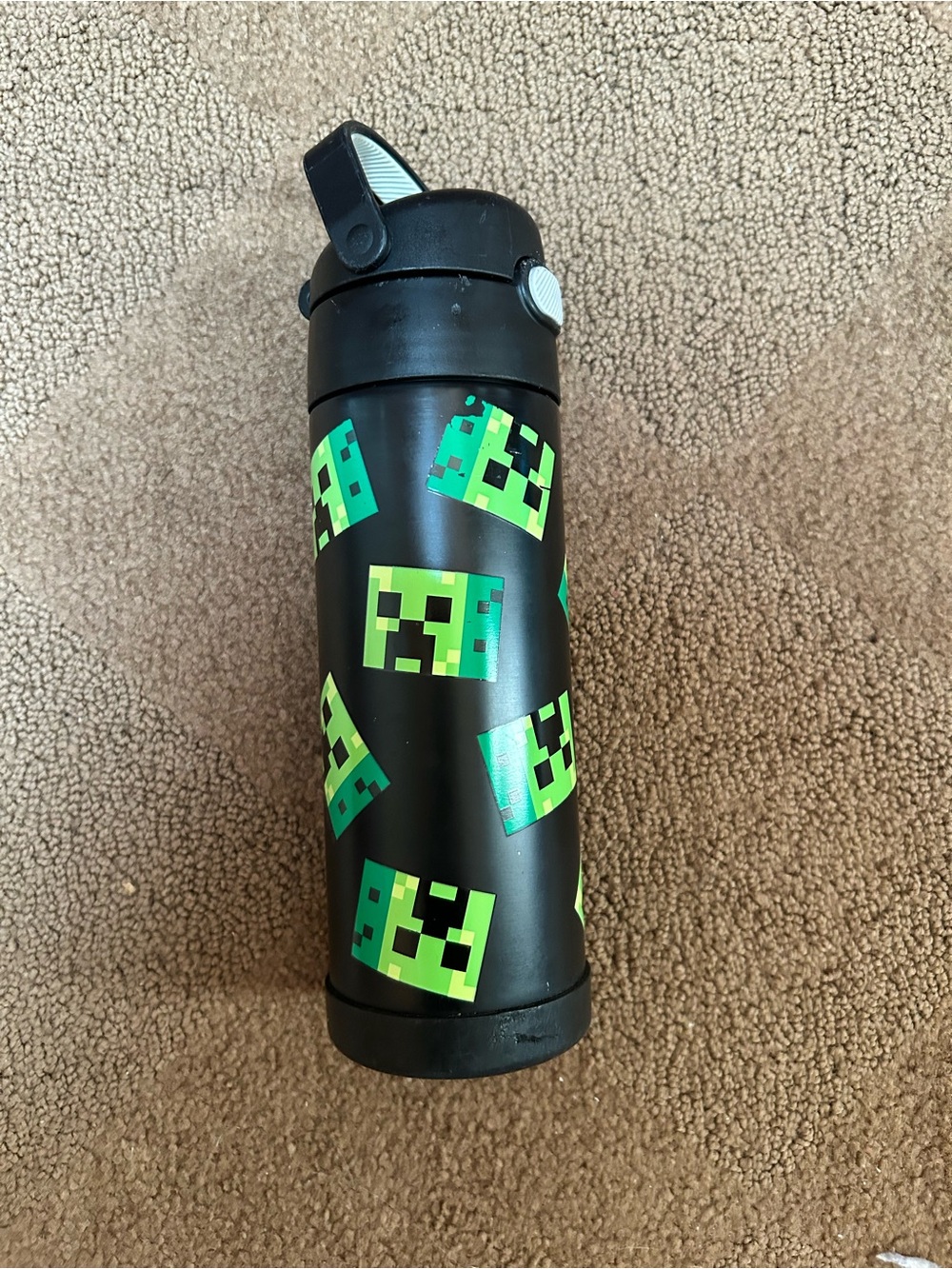 Thermos Black Water Bottle with Green Pixel Creeper Graphics
